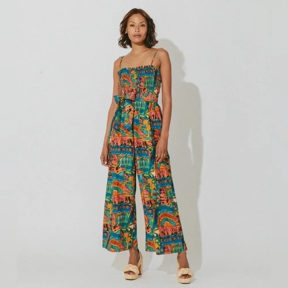 Cleobella Teal Multicolor Tropical Print Strapless Jumpsuit